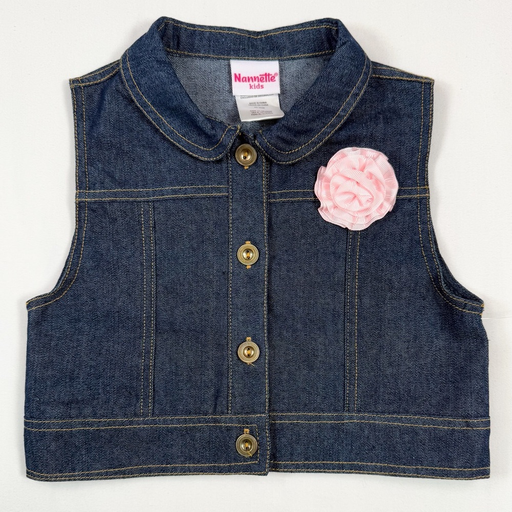 NWOT‎ NANNETTE KIDS Toddler Girls’ Dark Wash Denim Vest with Flower Appliqué 4T